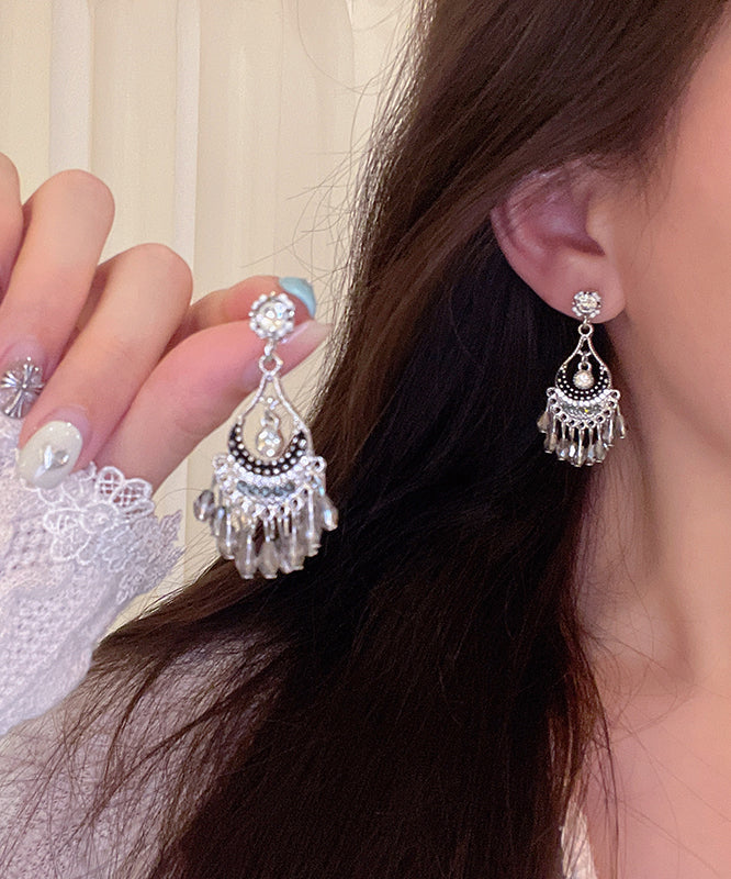 Vintage Silk Alloy Crystal Zircon Wind Chime Tassel Drop Earrings
