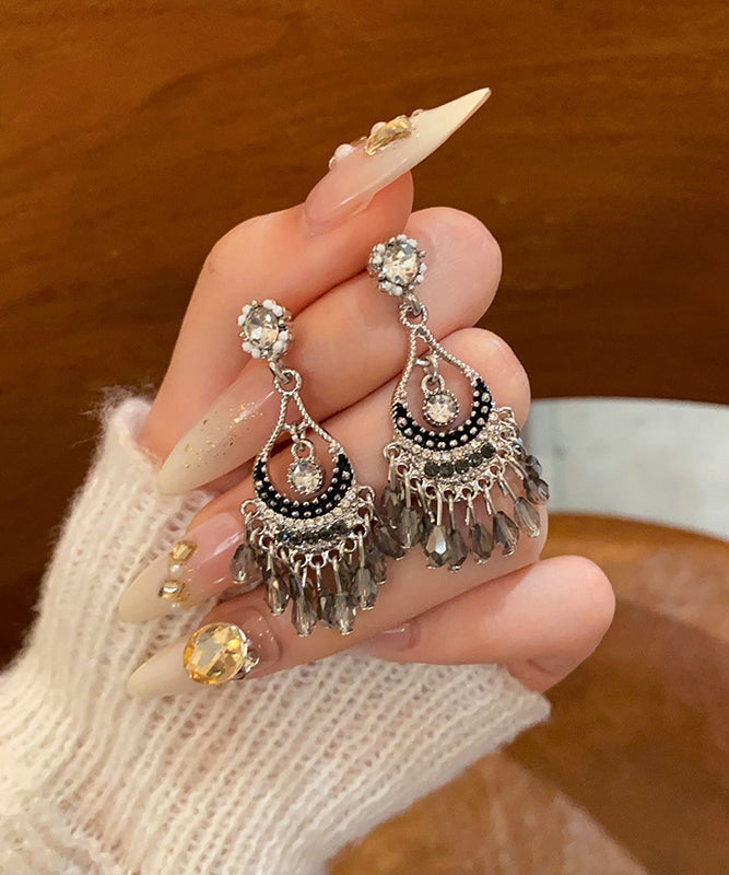 Vintage Silk Alloy Crystal Zircon Wind Chime Tassel Drop Earrings