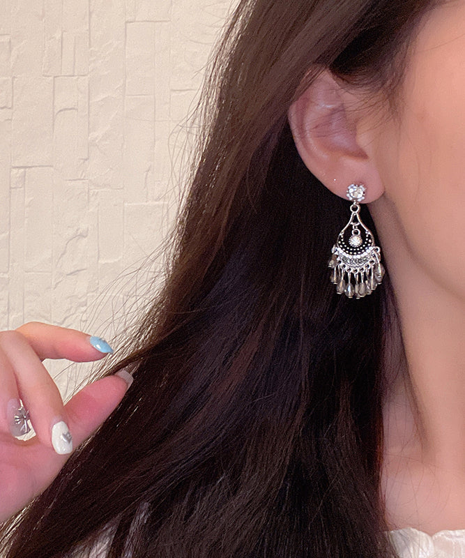 Vintage Silk Alloy Crystal Zircon Wind Chime Tassel Drop Earrings