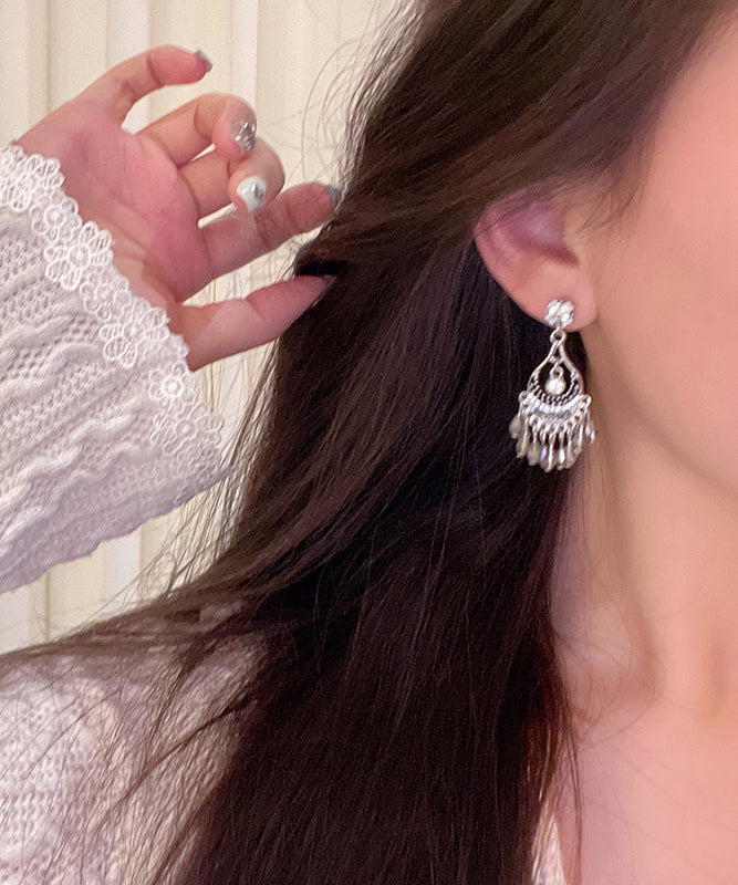 Vintage Silk Alloy Crystal Zircon Wind Chime Tassel Drop Earrings