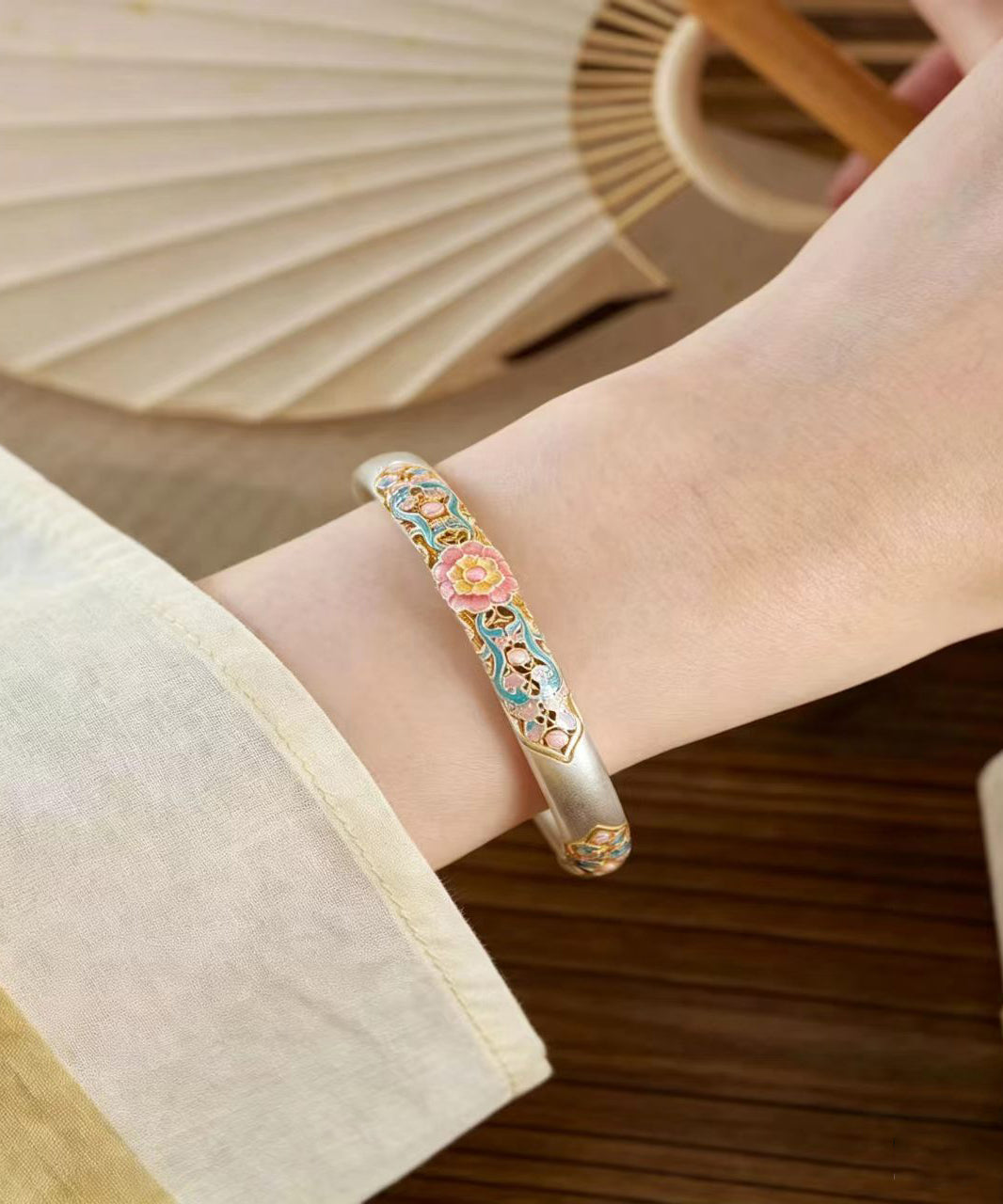 Vintage Silk Copper Enamel Cut Out Floral Cuff
