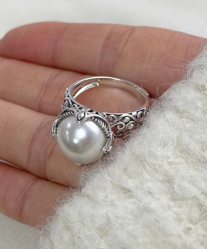 Vintage Silk Sterling Silver Pearl Floral Hollow Out Rings
