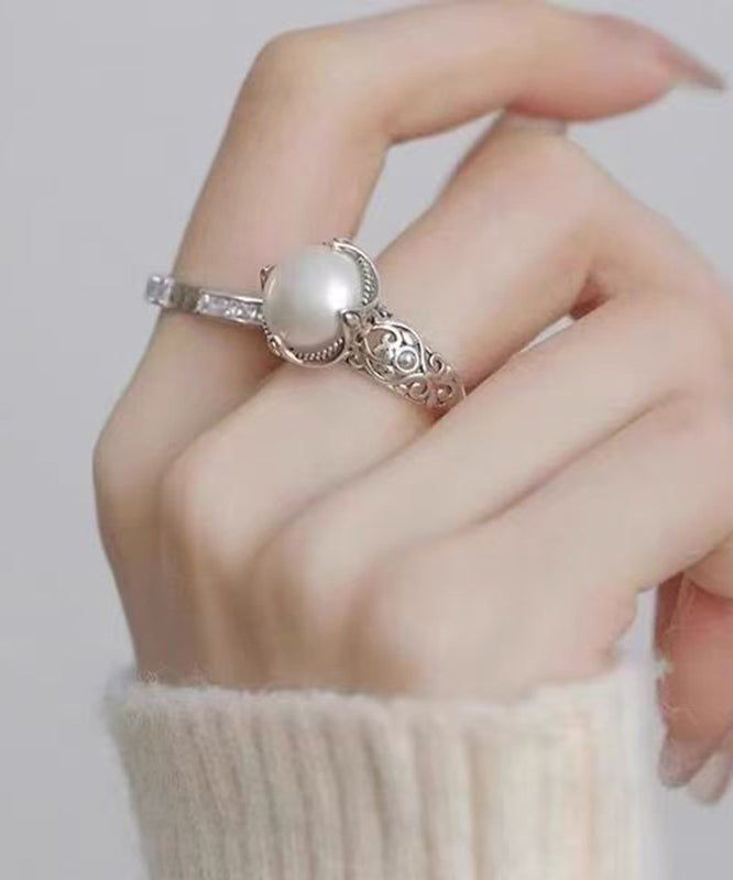 Vintage Silk Sterling Silver Pearl Floral Hollow Out Rings