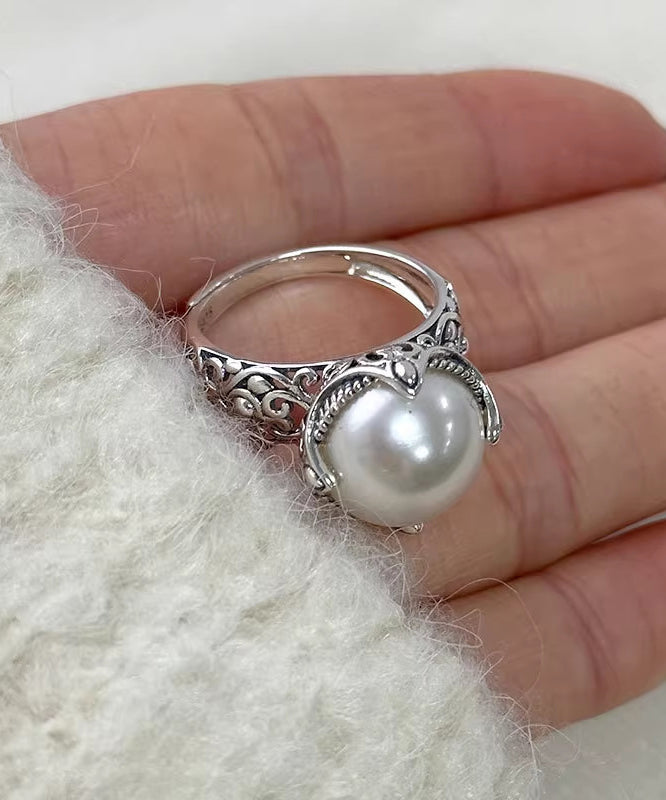 Vintage Silk Sterling Silver Pearl Floral Hollow Out Rings