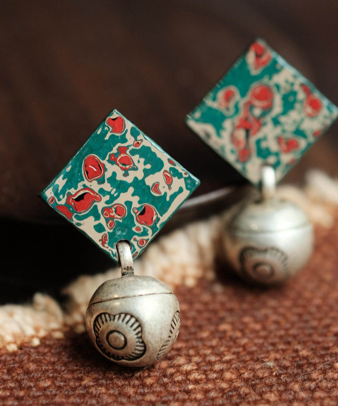 Vintage Silk Sterling Silver Print Square Drop Earrings