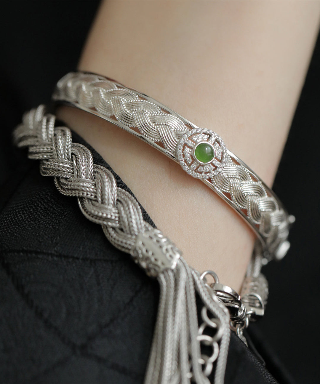 Vintage Silk Sterling Silver Weave Jade Lace Bangle