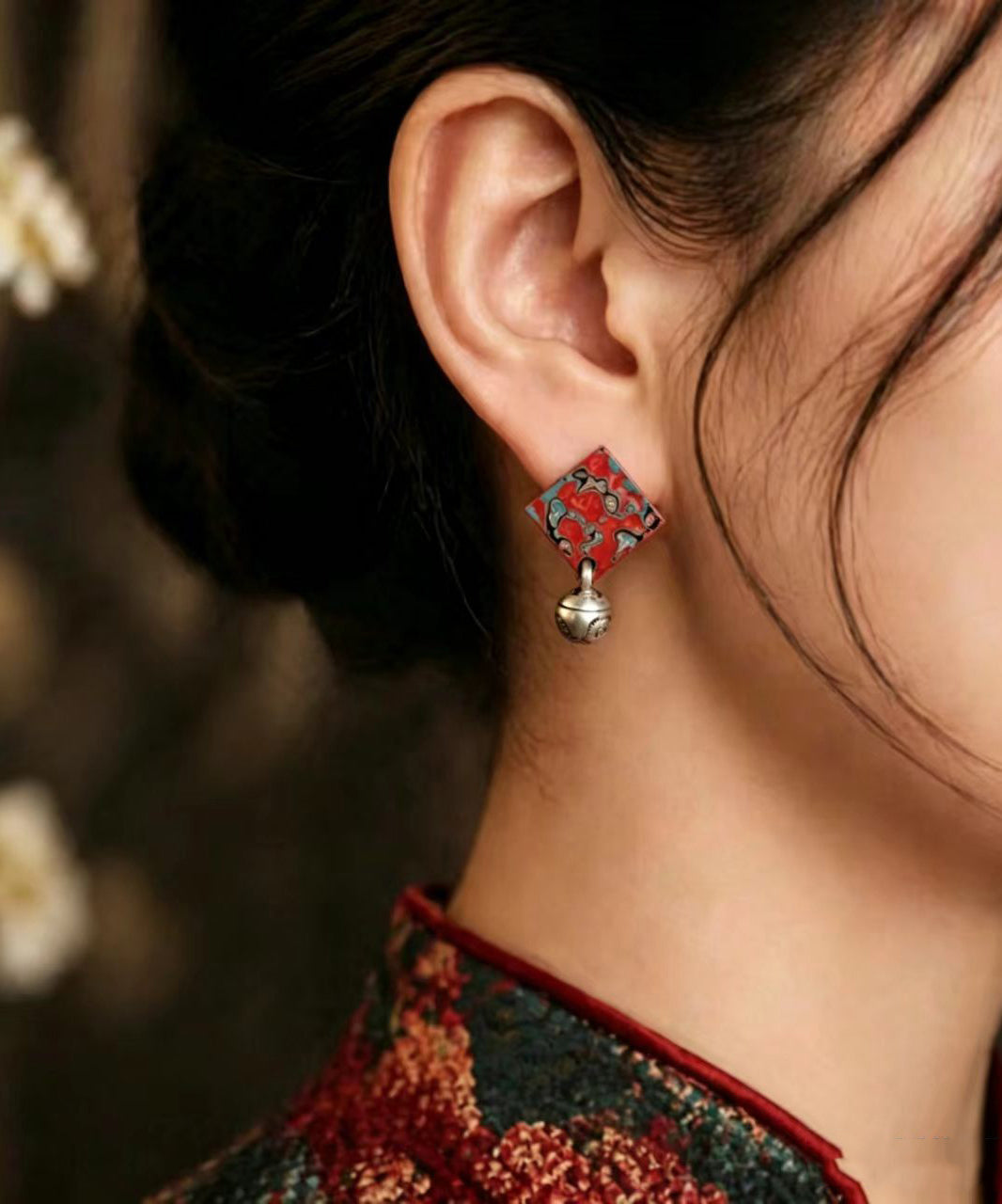 Vintage Silver-Plated Alloy Square Bell Stud Earrings
