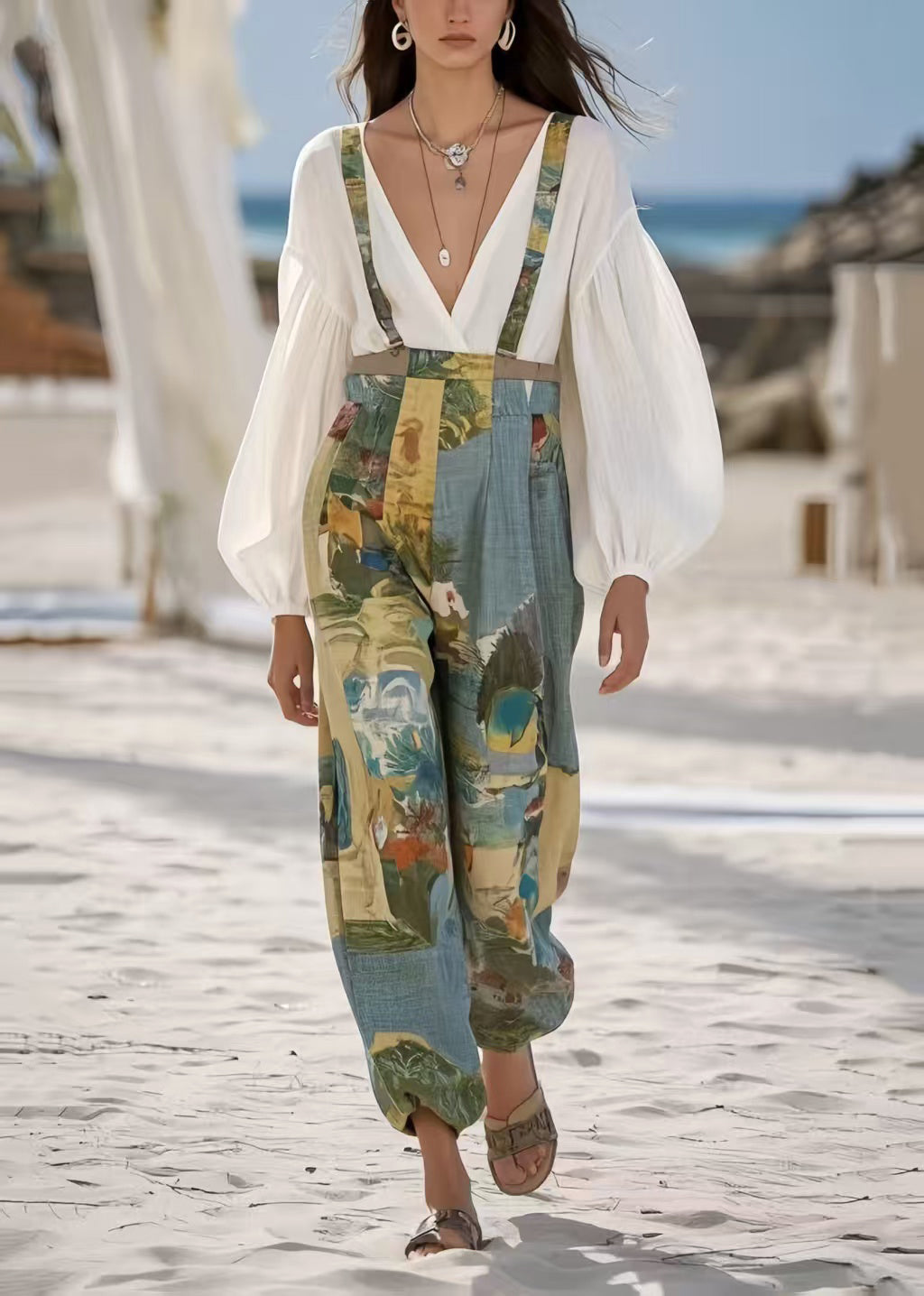 Vintage Sky Blue Print Oversized Cotton Jumpsuit Summer