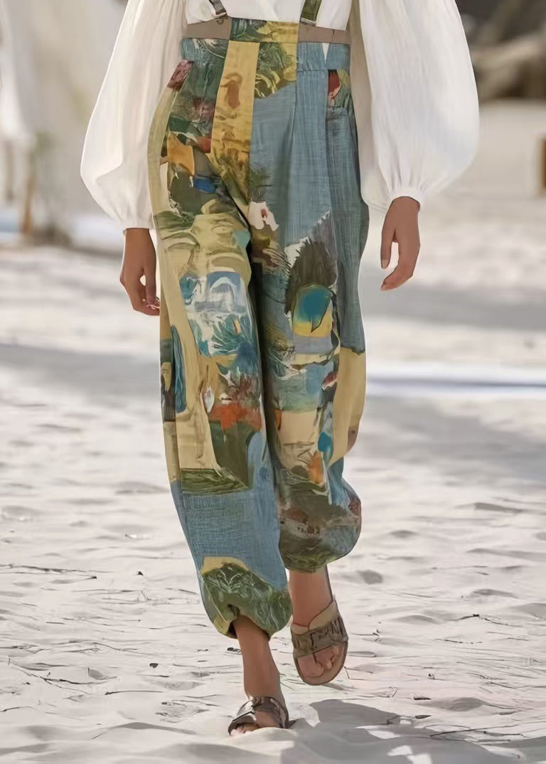 Vintage Sky Blue Print Oversized Cotton Jumpsuit Summer