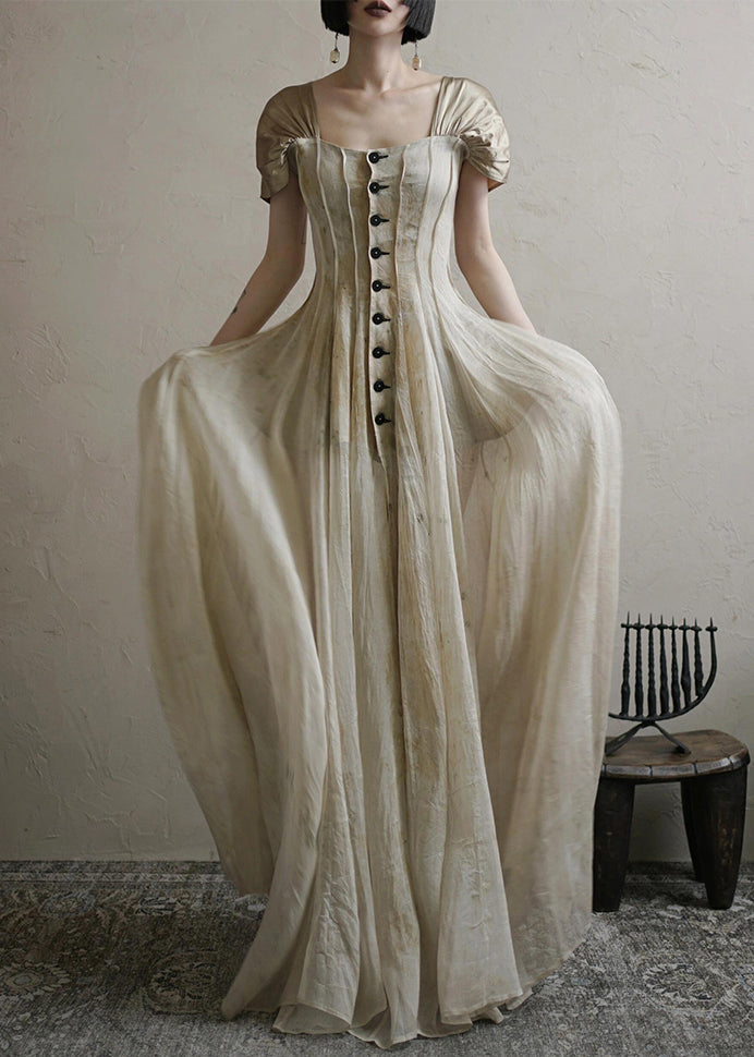 Vintage Square Collar Button Long Dress Summer