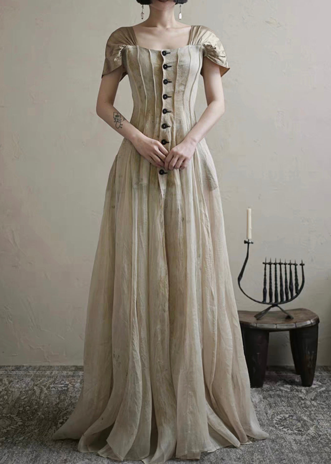 Vintage Square Collar Button Long Dress Summer