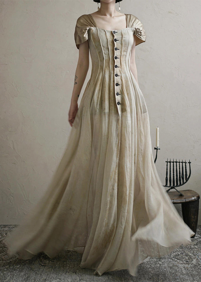 Vintage Square Collar Button Long Dress Summer