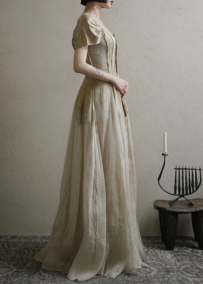 Vintage Square Collar Button Long Dress Summer