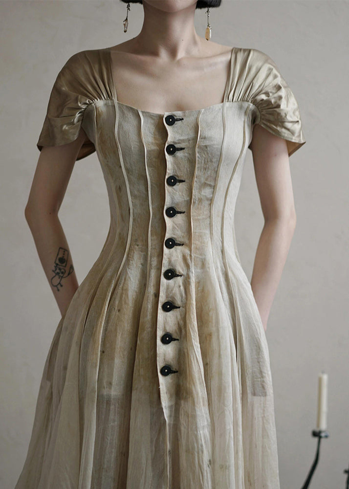 Vintage Square Collar Button Long Dress Summer