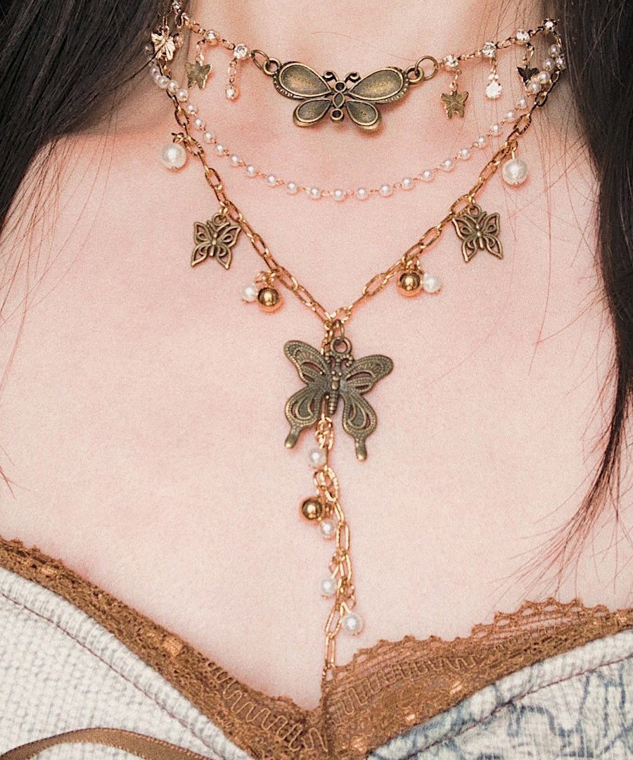 Vintage Stainless Steel Butterfly Multi-Layer Pendant Necklace