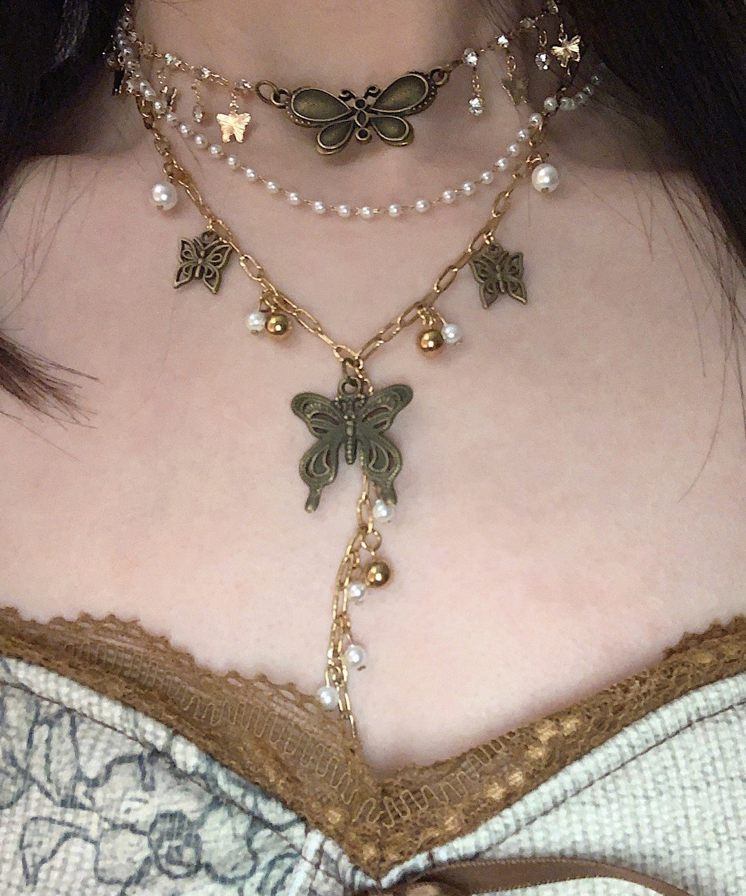 Vintage Stainless Steel Butterfly Multi-Layer Pendant Necklace