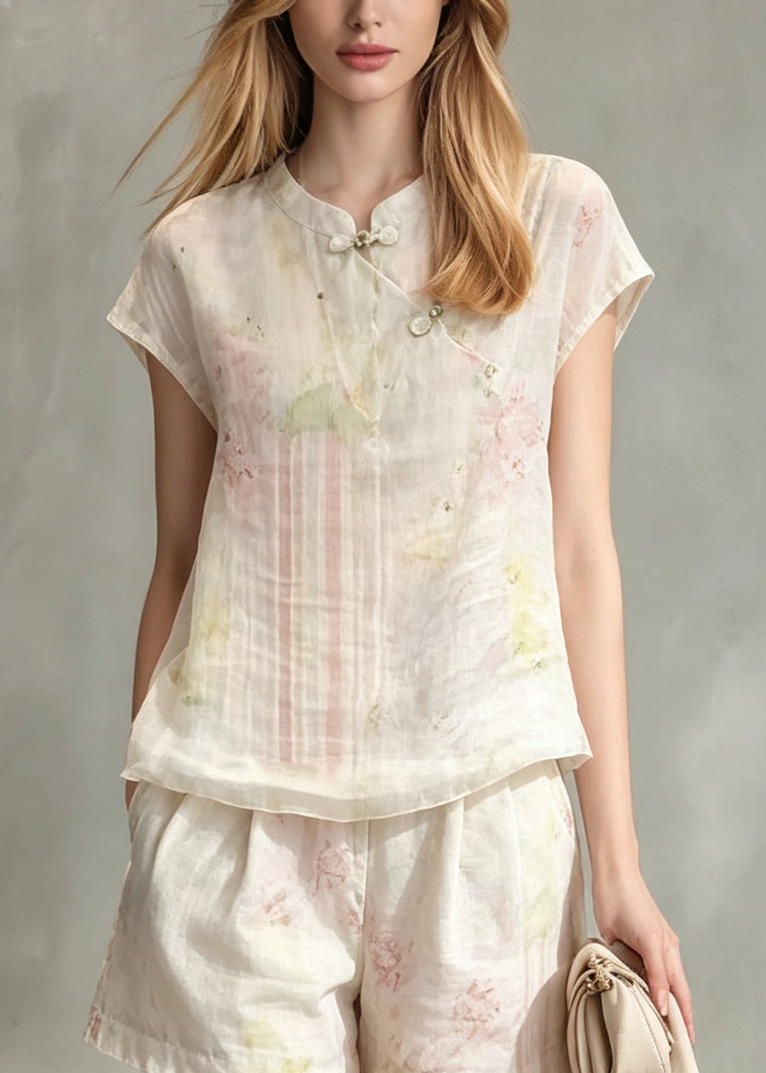 Vintage Stand Collar Chinese Button Print Cotton 2 Piece Outfit Summer