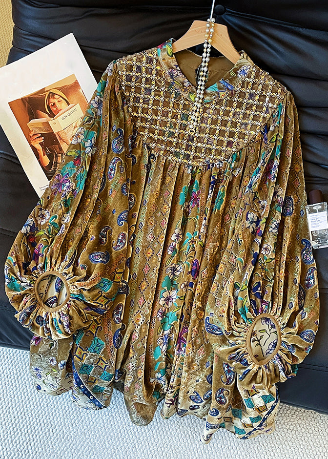 Vintage Stand Collar Print Button Cotton Blouses Lantern Sleeve