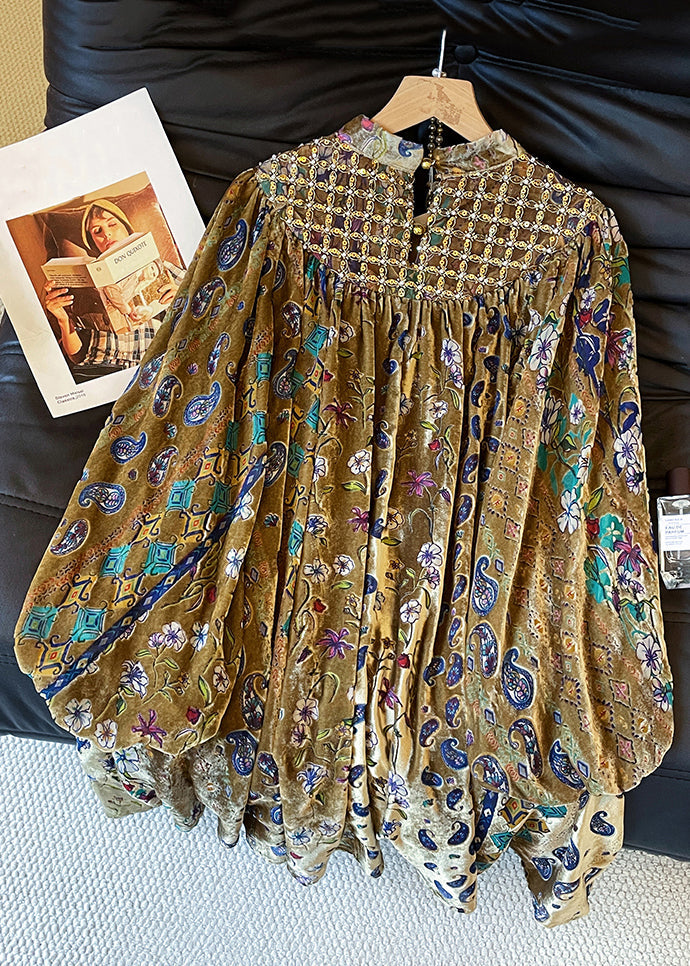 Vintage Stand Collar Print Button Cotton Blouses Lantern Sleeve