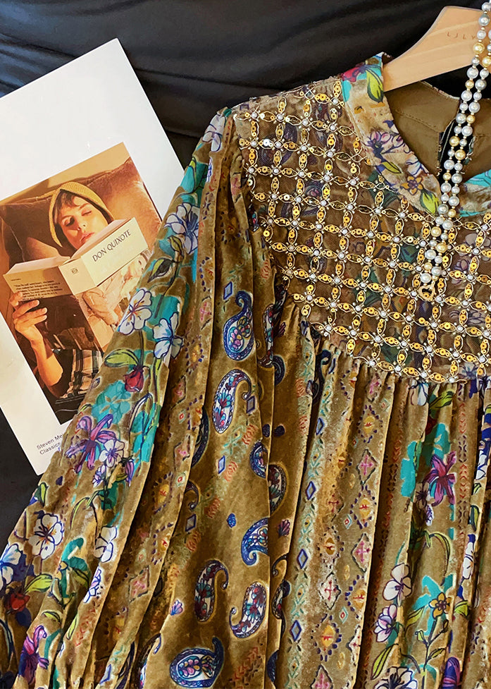 Vintage Stand Collar Print Button Cotton Blouses Lantern Sleeve