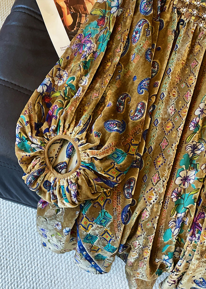 Vintage Stand Collar Print Button Cotton Blouses Lantern Sleeve