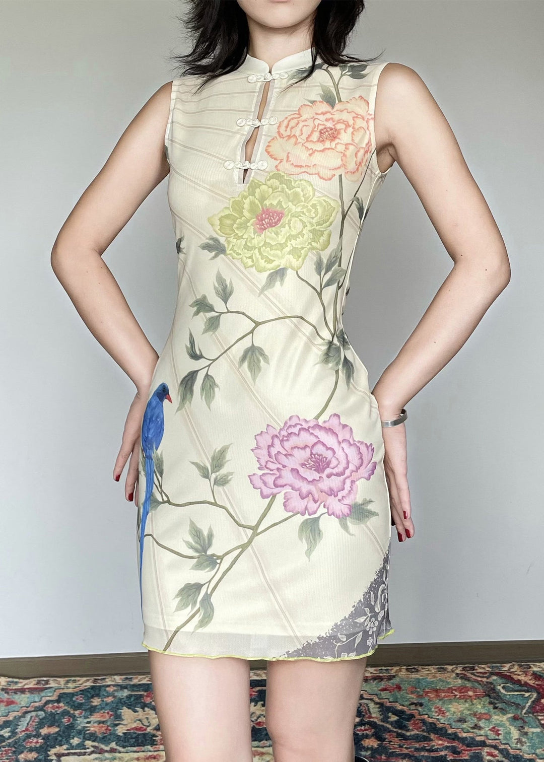 Vintage Stand Collar Print Chinese Button Tulle Dress Sleeveless