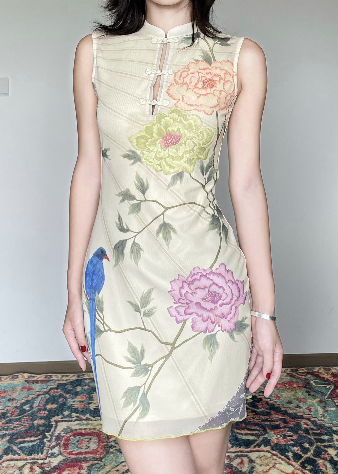 Vintage Stand Collar Print Chinese Button Tulle Dress Sleeveless