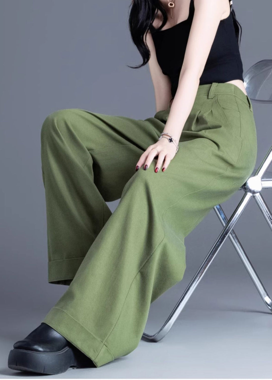 Vintage Tea Green Elastic Waist Cotton Wide Leg Pants Spring