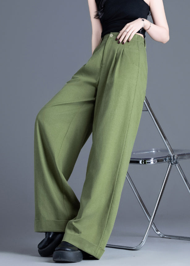 Vintage Tea Green Elastic Waist Cotton Wide Leg Pants Spring