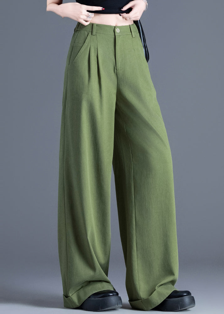Vintage Tea Green Elastic Waist Cotton Wide Leg Pants Spring