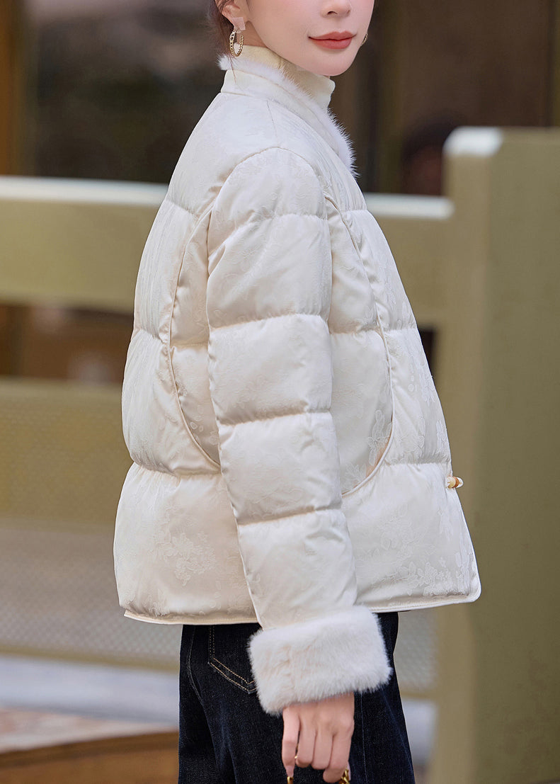 Vintage White Chinese Button Patchwork Mink Hair Duck Down Winter Coats