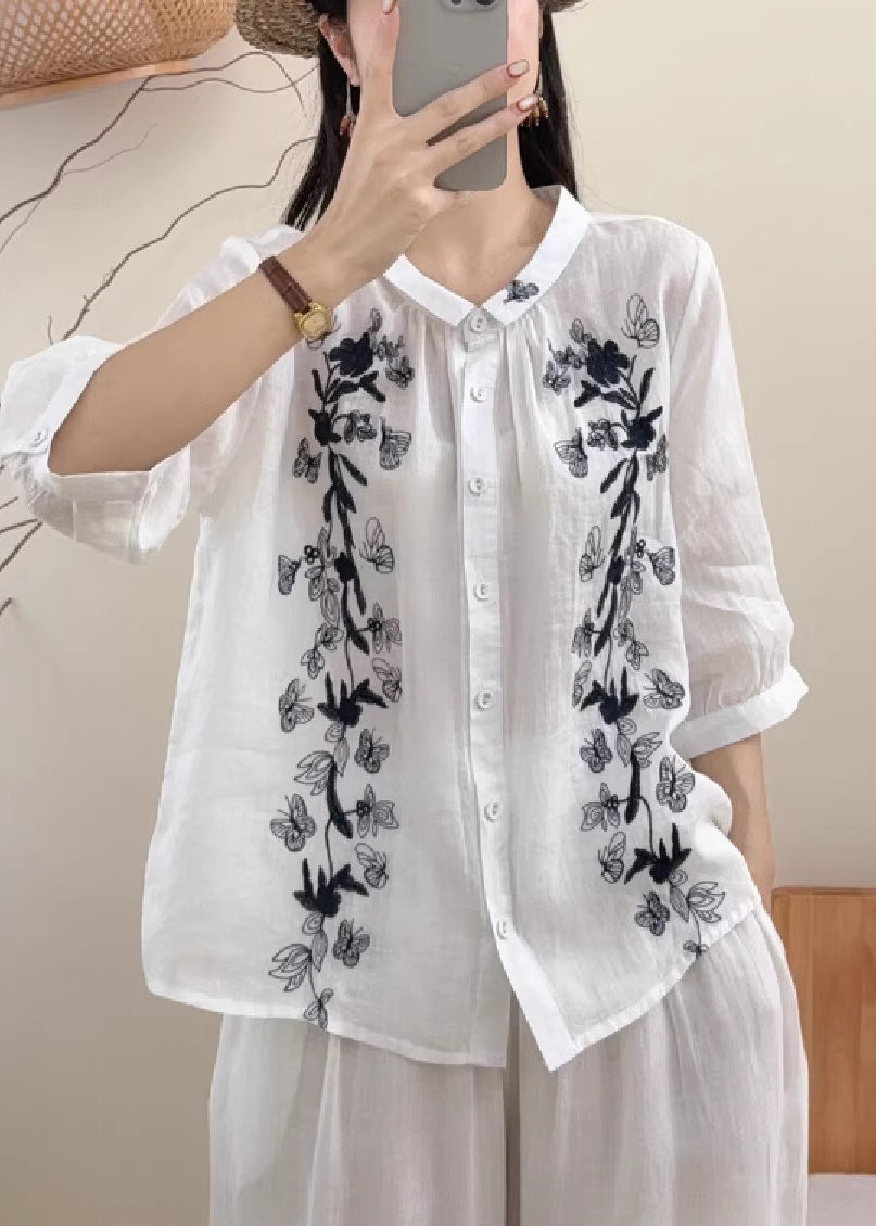 Vintage White Embroidered Butterfly Linen Blouses Bracelet Sleeve