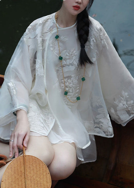 Vintage White Embroidered Organza Blouse Top Spring