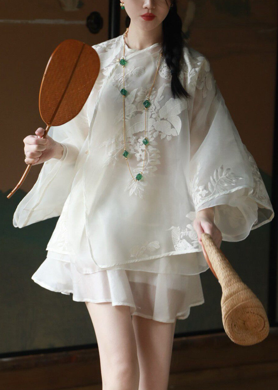 Vintage White Embroidered Organza Blouse Top Spring