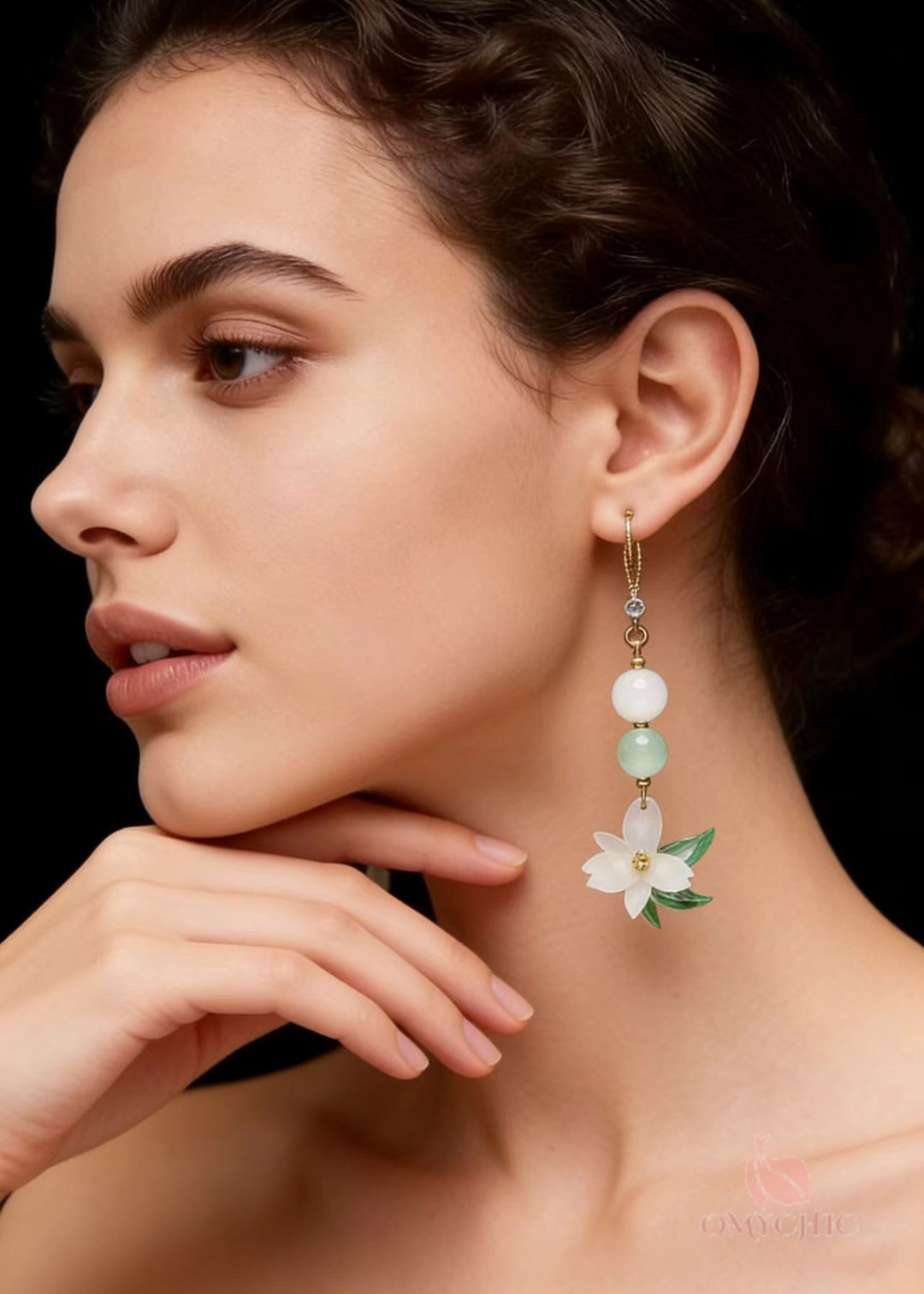 Vintage White Jade Lotus Flower Drop Earrings