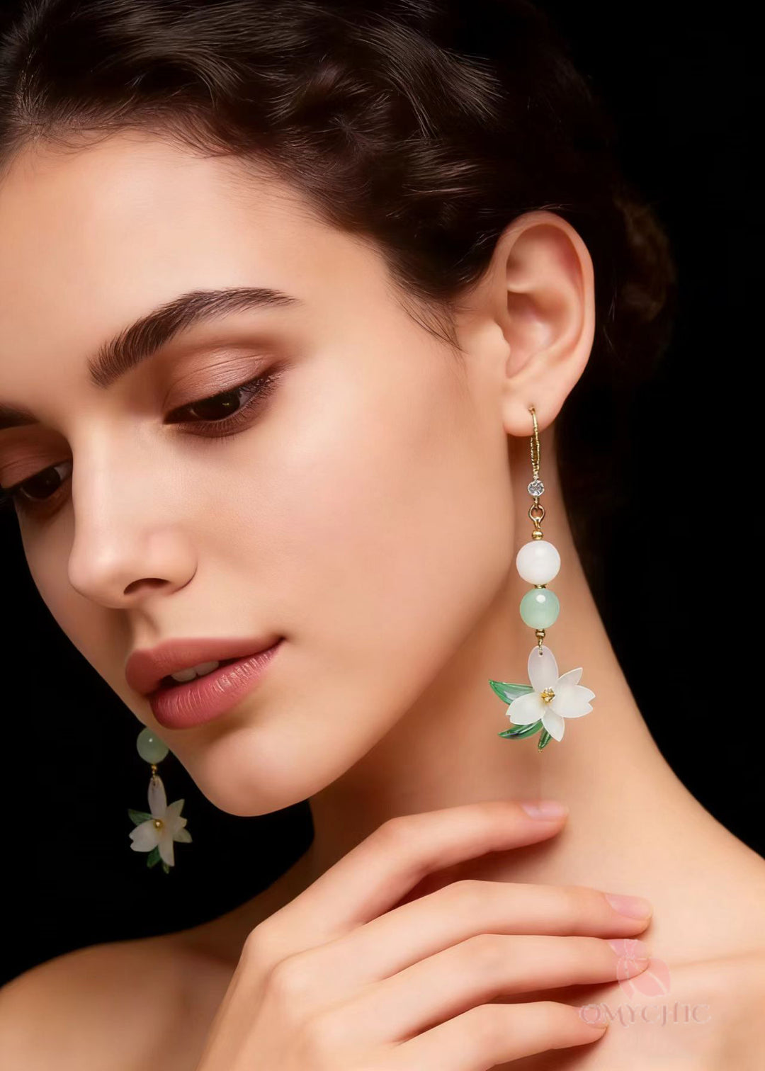 Vintage White Jade Lotus Flower Drop Earrings