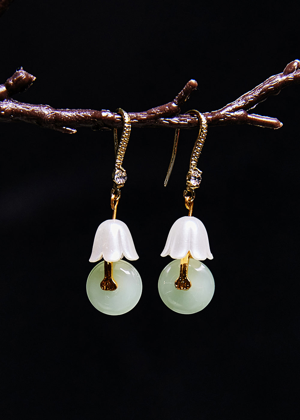 Vintage White Lily Of The Valley Fine Jade Drop Earrings