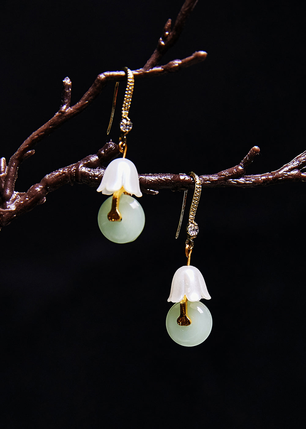 Vintage White Lily Of The Valley Fine Jade Drop Earrings