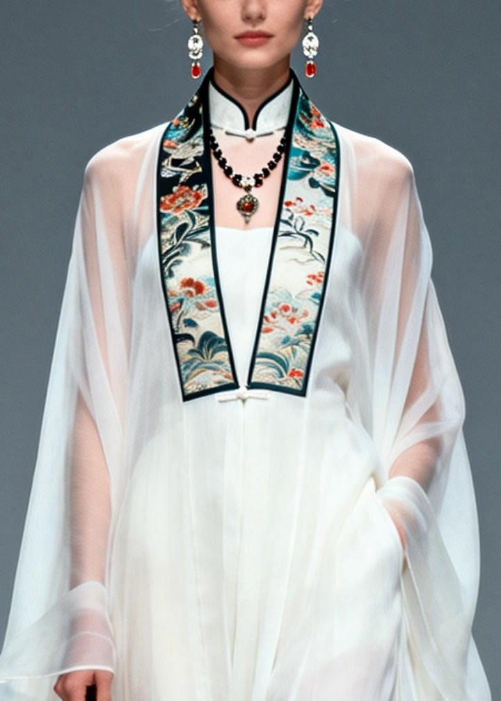 Vintage White Mandarin Collar Chiffon Sheer Dress Two Piece Set Summer