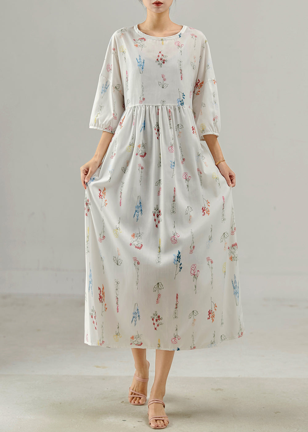 Vintage White Oversized Print Cotton Long Dresses Bracelet Sleeve