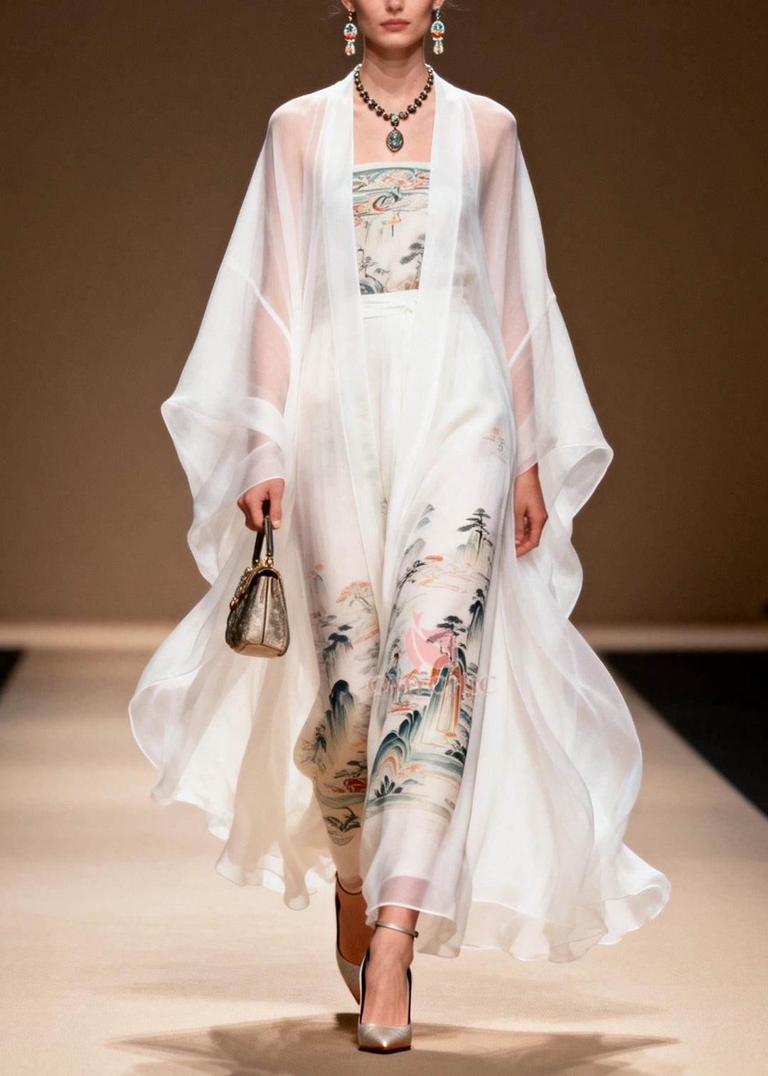 Vintage White Print Chiffon Dress Two Piece Set Summer