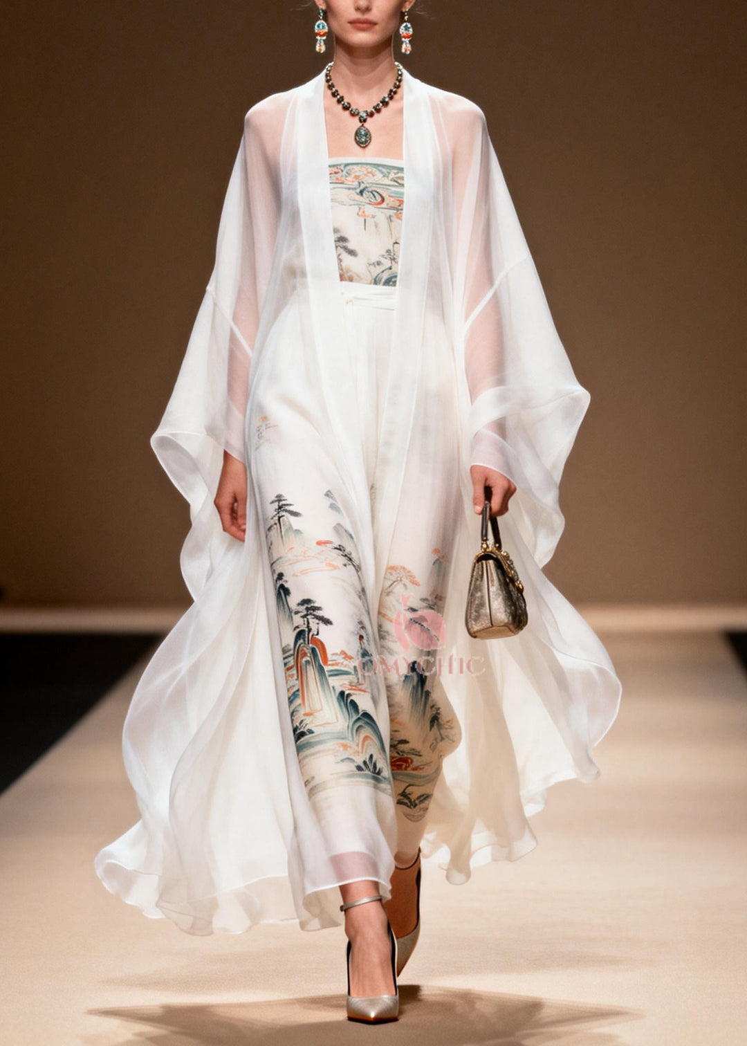 Vintage White Print Chiffon Dress Two Piece Set Summer