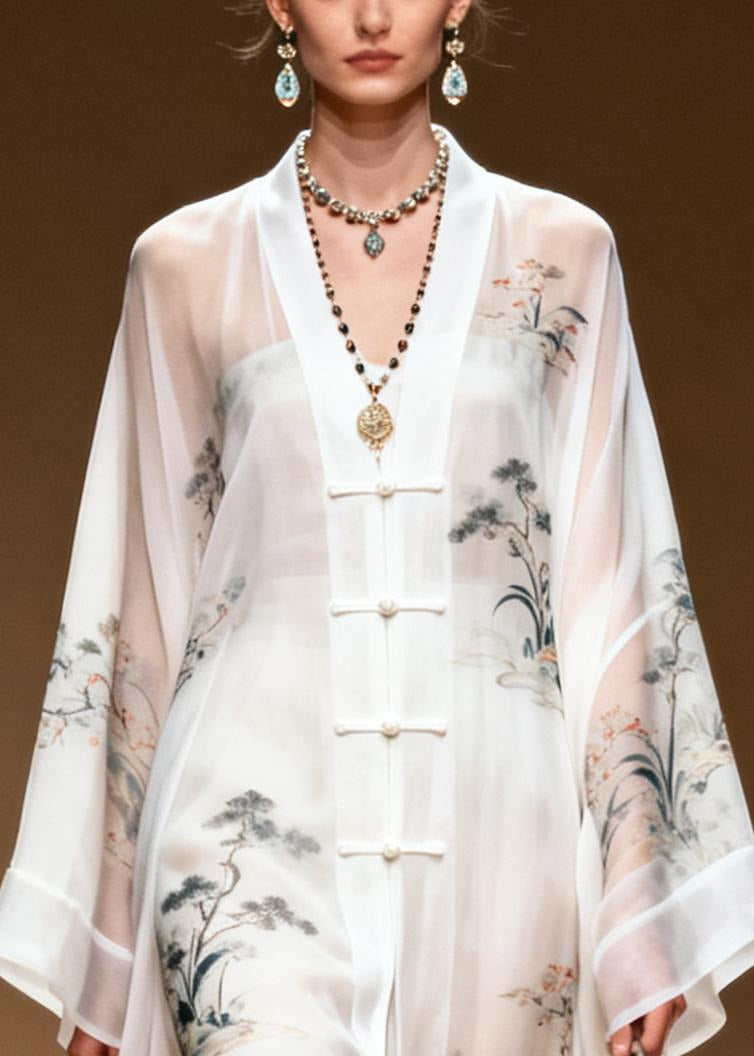 Vintage White Print Chinese Button Draping Chiffon Dress Summer