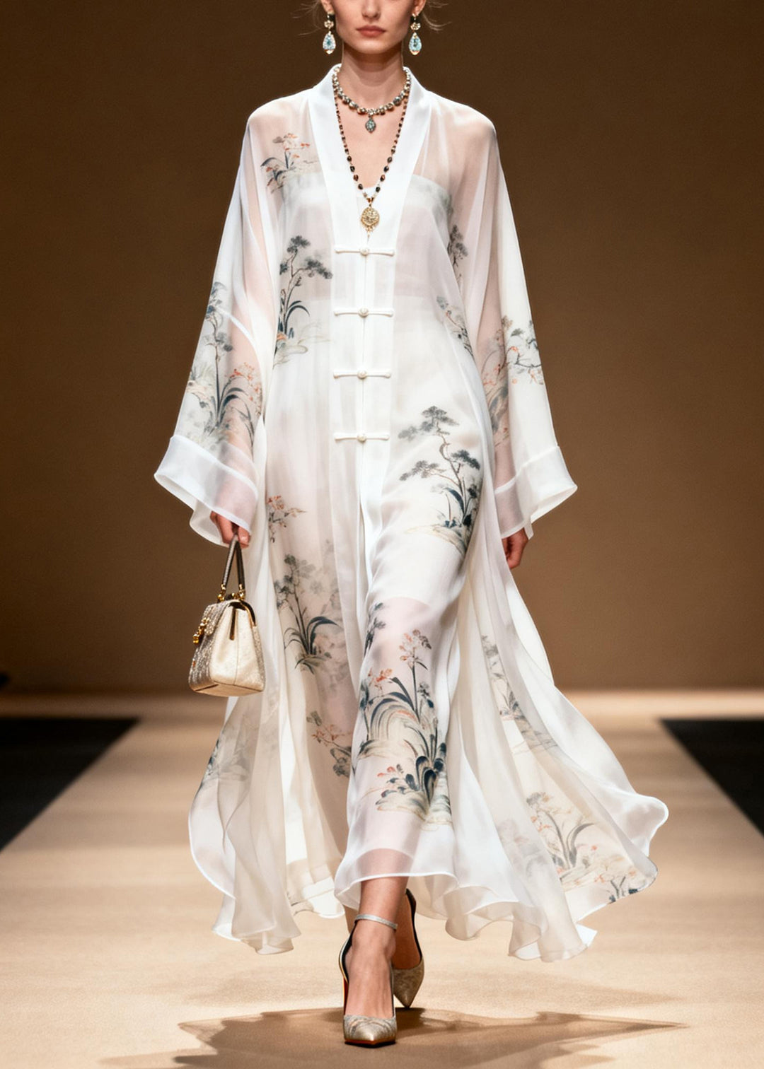 Vintage White Print Chinese Button Draping Chiffon Dress Summer