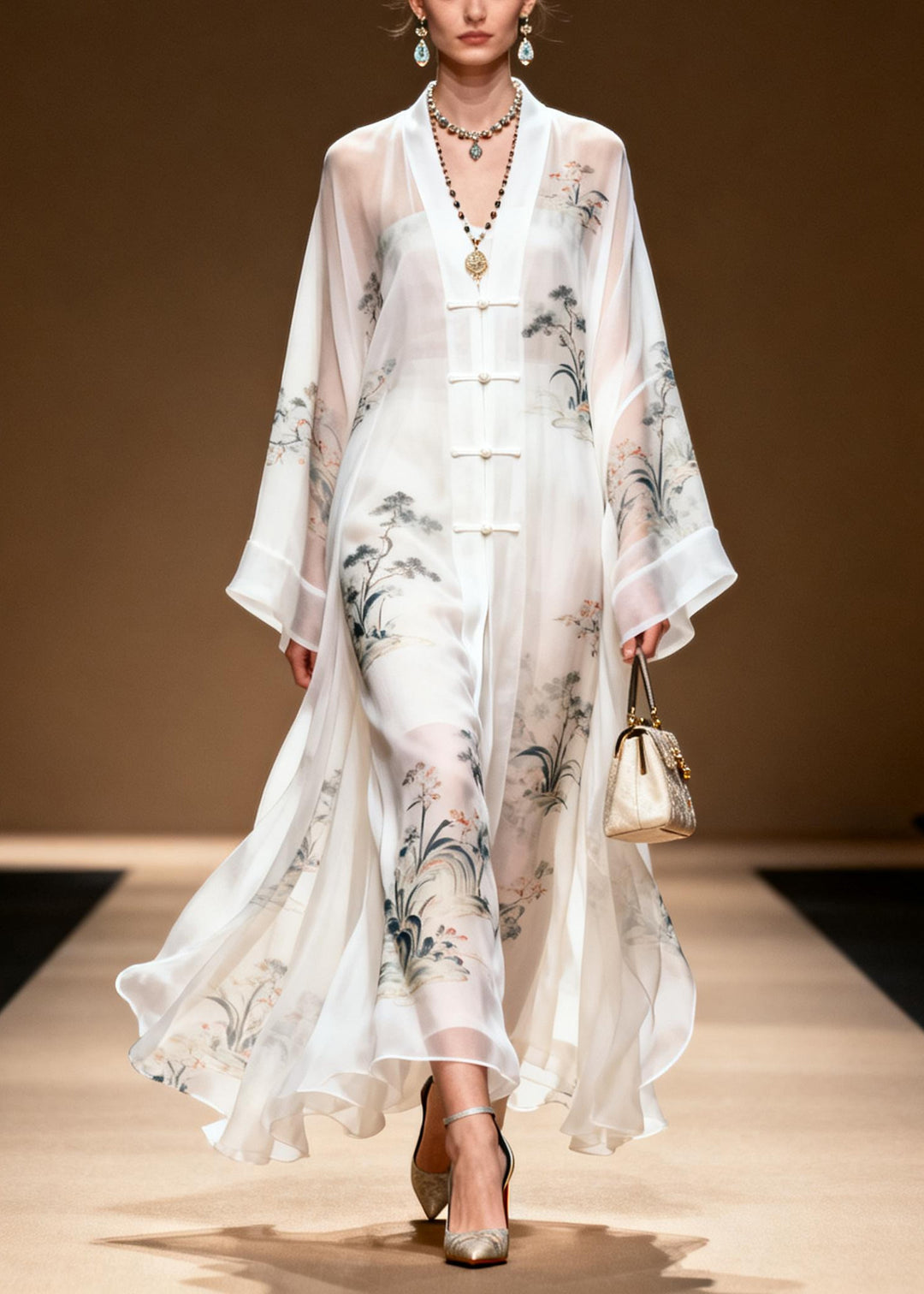 Vintage White Print Chinese Button Draping Chiffon Dress Summer