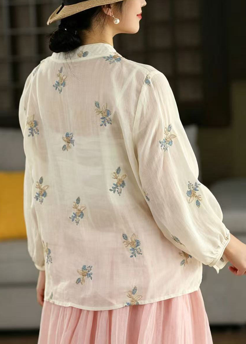 Vintage White Stand Collar Embroidered Linen Blouses Spring