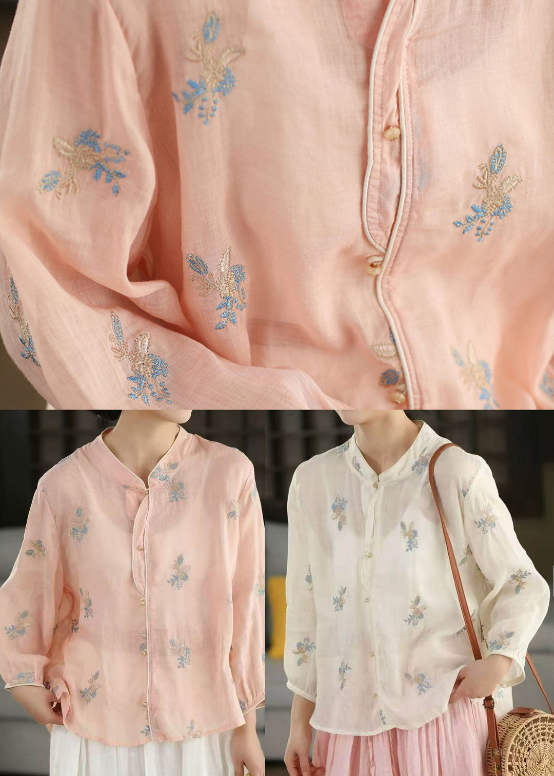 Vintage White Stand Collar Embroidered Linen Blouses Spring