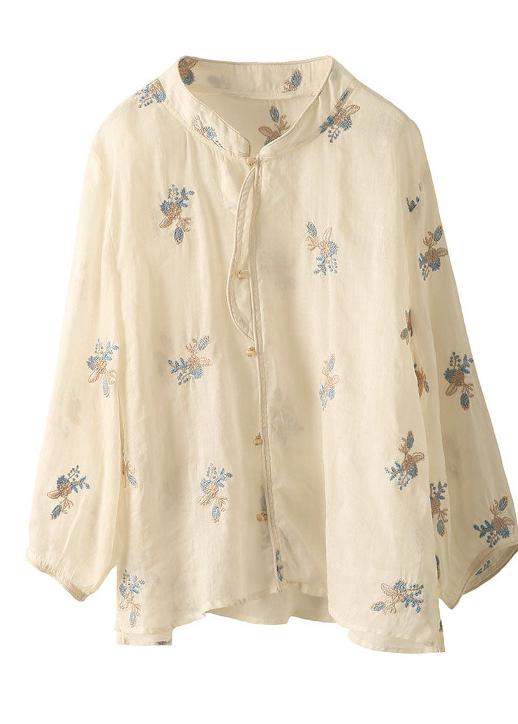 Vintage White Stand Collar Embroidered Linen Blouses Spring