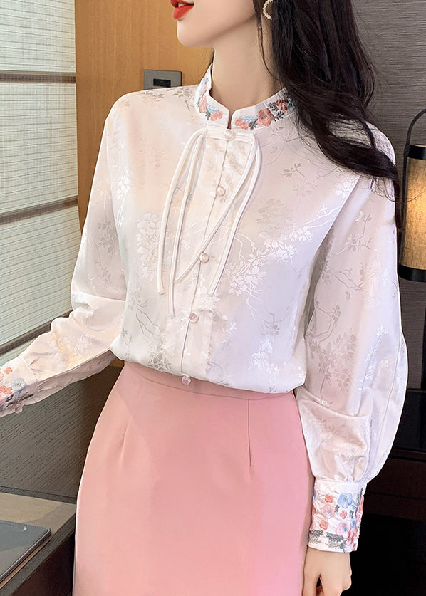 Vintage White Stand Collar Embroidered Silk Shirts Long Sleeve