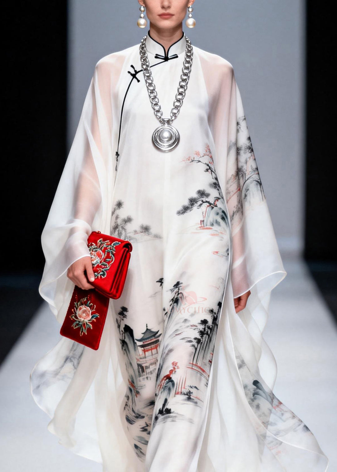 Vintage White Stand Collar Print Chiffon Long Dress Spring